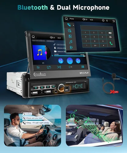 Vista 5 de Estéreo de coche de un solo DIN con Carplay inalámbrico Android Auto, pantalla táctil motorizada de 7 pulgadas con Bluetooth Radio de coche