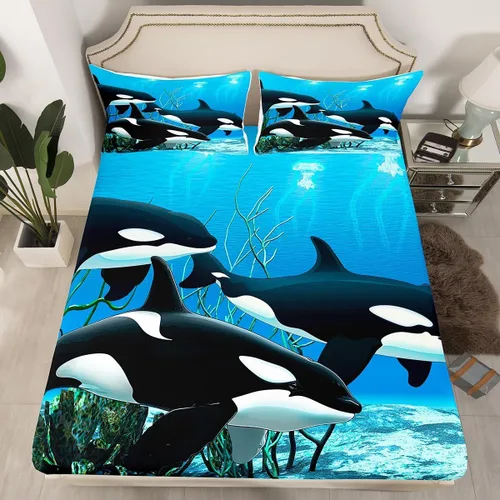 Vista 2 de Erosebridal Juego de ropa de cama de orca asesina Orcinus Orcas, sábana bajera ajustable de medusas del mundo submarino para niños y niñas, animales