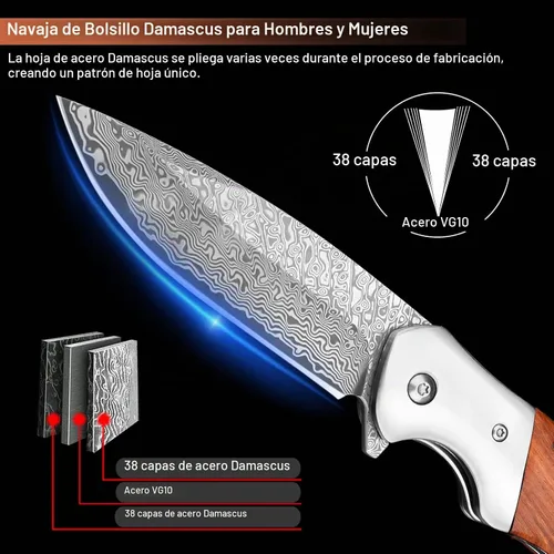 Vista 2 de KOMWERO Cuchillo de bolsillo de damasco, afilado núcleo de acero de Damasco VG10 Hoja DMJN Wood Handle, Folding Knife for Men Women, Pocket Clip