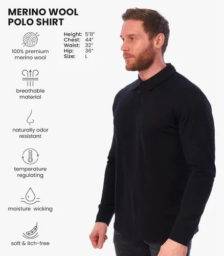 Vista 2 de 100% Merino Wool Polo Shirt Men - Short & Long Sleeve Shirt Base Later Largo negro