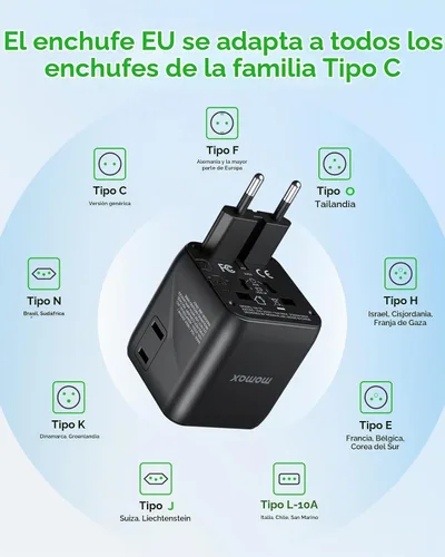 Vista 6 de MOMAX Mini Universal Travel Adapter for US/EU/UK/AUS Worldwide Plug Adapter Negro