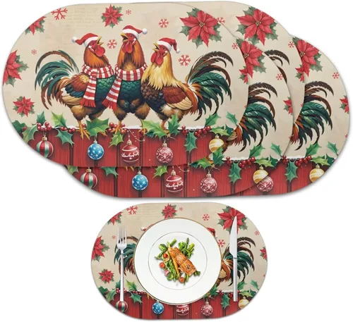 Vista 120 de Juego de 2 manteles individuales con luces de Navidad, resistentes al calor, antideslizantes, impermeables, a prueba de aceite, lavables, lavables