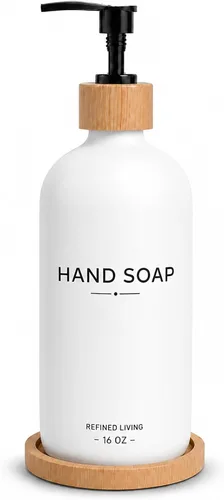 Vista 8 de Dish Soap Dispenser, 16 OZ Glass Kitchen Soap Dispenser with Bamboo Pump and Tray, Refillable Hand Soap Dispenser for Kitchen Countertop, Modern
