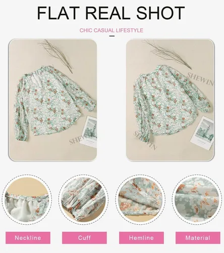 Vista 5 de SHEWIN Blusas sueltas de manga larga con cuello en V y estampado floral para mujer