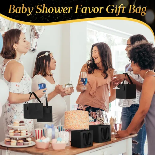 Vista 5 de Windyun 25 mini bolsas de regalo de papel con asa de 6 x 6 x 6 pulgadas, pequeñas bolsas cuadradas con etiqueta de agradecimiento para Navidad