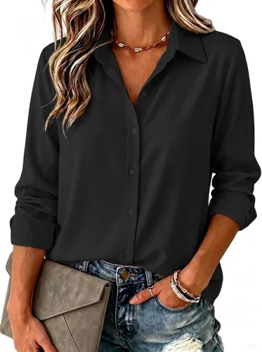 Vista 8 de Zeagoo Blusa para mujer, de manga larga, con botones, casual, ligera, lisa/estampada