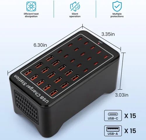 Vista 6 de Estación de carga USB C para múltiples dispositivos, bloque de cargador de 150 W y 30 puertos para teléfono celular iPad, múltiples regletas