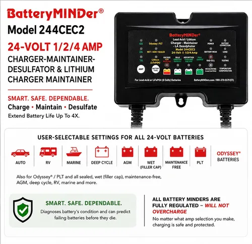 Vista 2 de BatteryMINDer cargador/mantenedor/sistema desulfator de batería de 5 etapas, 24V, 1/2/4 Amp, Modelo #244CEC1