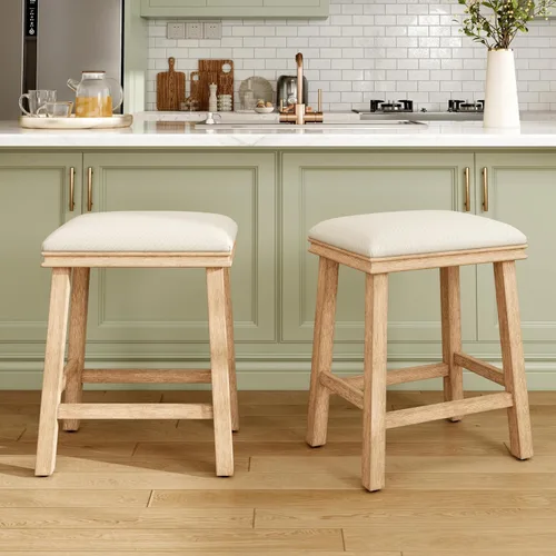 Vista 24 de MAISON ARTS Juego de 4 taburetes de bar grises para encimera de cocina, patas de madera maciza con asiento de silla de montar de piel sintética