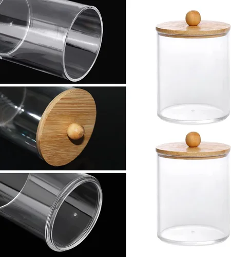 Vista 3 de Tbestmax Tarros de baño con soporte Qtip de 10 onzas para hisopos de bolas de algodón, dispensador de almacenamiento, tapa de bambú (paquete de 2)