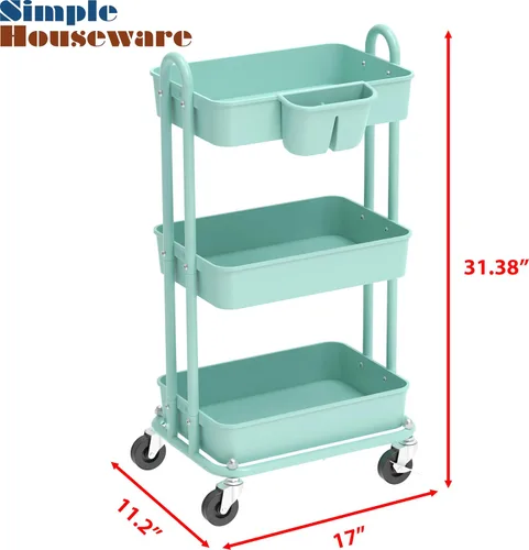 Vista 3 de Simple Houseware - Carro multiusos rodante de 3 niveles con cubo colgante, color Turquesa