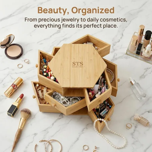 Vista 5 de Organizador de maquillaje giratorio de bambú, giro de 360° para encimera de tocador (12 cajones)