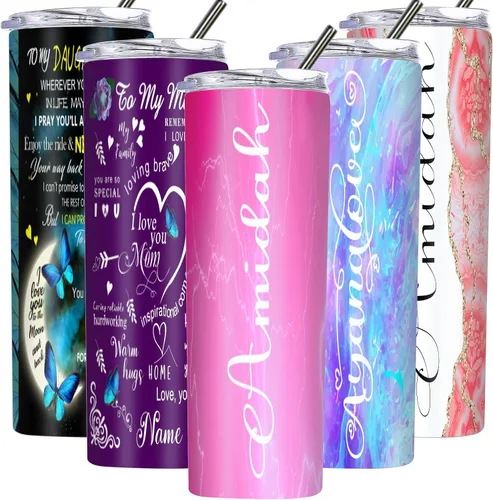 Vista 10 de Vaso delgado personalizado con tapas y pajitas con nombre impreso, vasos aislados personalizados de 20 onzas para mamá, mujeres y hombres