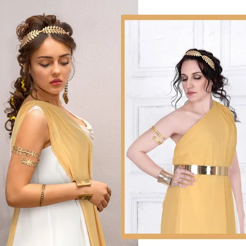 Vista 4 de Haull Disfraz de Toga dorado de 5 piezas para mujer, disfraz de Athena para adultos, trajes griegos con corona griega en la cintura para Halloween