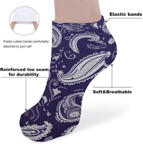 Vista 4 de Calcetines tobilleros unisex con estampado de cachemira blanca y azul marino, 5 pares