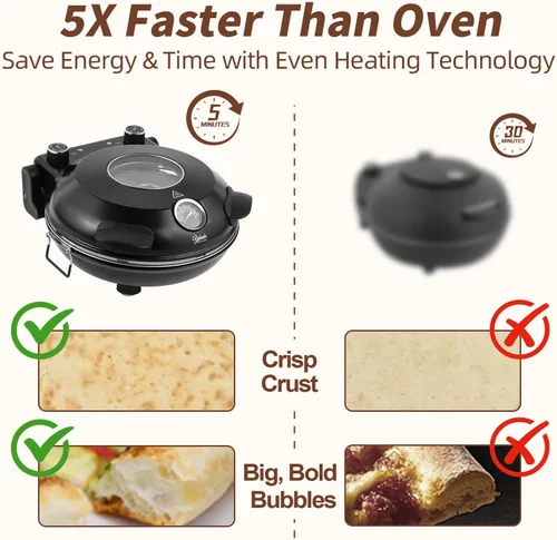 Vista 4 de Horno eléctrico para pizza de 12 pulgadas, máquina de pizza de encimera con piedra de cerámica, calienta hasta 800 °F, horno de pizza portátil