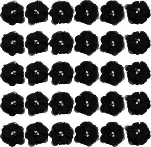 Vista 8 de 30 piezas de flores de gasa con diamantes de imitación de 2 pulgadas, apliques de tela de costura para ropa, manualidades, fiestas, decoración
