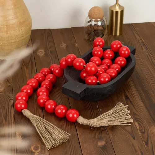 Vista 180 de OMISHE Guirnalda de cuentas de madera extra grande con cuentas de madera y borlas de 1.6 pulgadas de diámetro, cuentas decorativas rústicas de 41