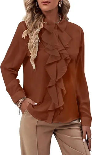 Vista 15 de LYANER - Blusa de manga larga con cuello de botón y volantes en la parte delantera para mujer