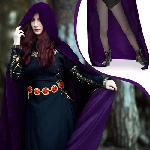 Vista 2 de 6 Pcs Halloween Purple Cape Adjustable Stone Chain with Red Gems Diamond Wig Nets and Pantyhose Set for Halloween Cosplay