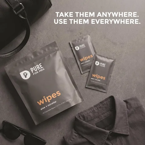 Vista 6 de Pure for Men Toallitas desechables Ayuda a eliminar el olor, 100% biodegradables, sin parabenos ni alcohol Vitamina E, micelar y aloe vera