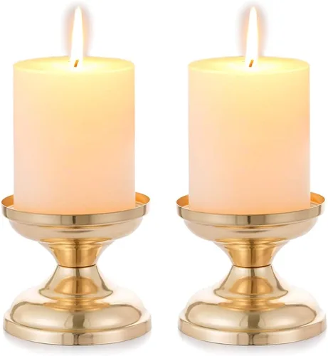 Vista 7 de NUPTIO Portavelas dorados para boda: 2 piezas de soporte de pedestal de pilar pequeño y redondo de metal votivo para mesa de comedor, sala de estar