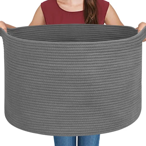 Vista 14 de MEGASKET Cesta grande de manta negra, 22 x 22 x 14 pulgadas, contenedor de cuerda tejida para almacenamiento, caja de almacenamiento de juguetes