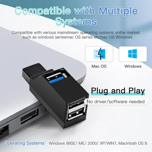 Vista 5 de Concentrador USB, divisor USB 3.0, extensor USB de 3 puertos, adaptador USB multipuerto, bus Plug and Play de alta velocidad alimentado