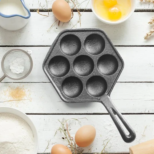 Vista 8 de Sartén de hierro fundido para panqueques daneses aebleskiver de Commercial CHEF, Utensilio de cocina de hierro fundido presazonado para bolitas
