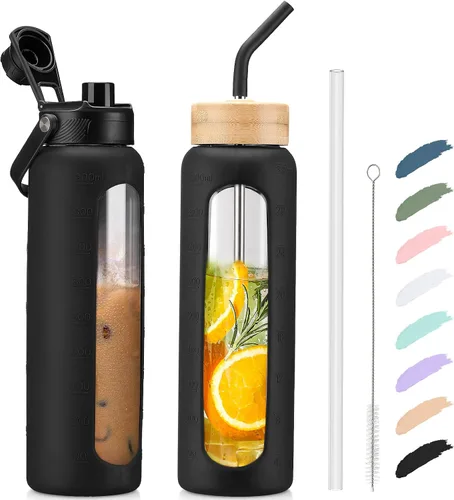 Vista 53 de Botella de agua Kodrine con pajita, botella de vidrio de 24 oz con 2 tapas, una de pajita de bambú y otra con pico y asa, botella de vidrio