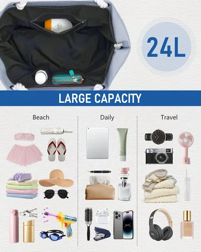 Vista 5 de Genovega Bolsa de lona grande para mujer, con bolsillos con cremallera, para natación, piscina, gimnasio, senderismo, picnic, viajes