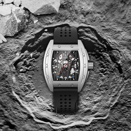 Vista 4 de Relojes automáticos para hombre Tonneau Skeleton Square Cara grande Reloj de pulsera casual impermeable con banda de silicona, caja de acero