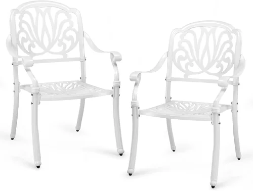 Vista 16 de VINGLI Juego de 2 sillas de patio apilables de aluminio fundido para exteriores con acabado negro vintage y patrón floral, sillones de metal