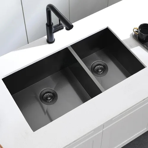Vista 7 de Fregadero de cocina negro de 33 x 17 pulgadas con doble tazón, 33 x 17 x 9 pulgadas, calibre 16, acero inoxidable negro, montaje inferior
