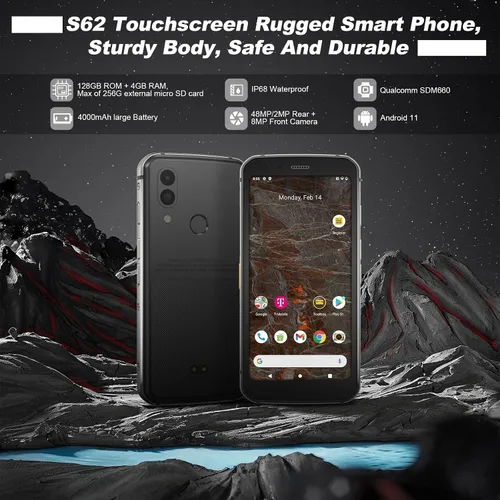 Vista 2 de Unifone S62 Teléfono celular resistente desbloqueado (128GB, 4GB) 5.7 pulgadas IP68 impermeable Android, cámara dual de 12 MP, batería todo el día