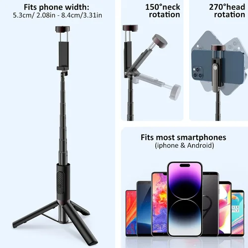 Vista 2 de Selfie Stick - Trípode de aleación de aluminio para selfie stick con soporte de trípode plegable para viajes, rotación de 270 grados, compatible