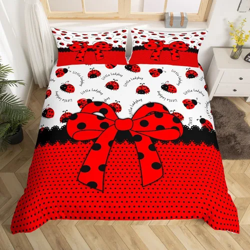 Vista 4 de Juego de funda de edredón con lazo de dibujos animados para niños, tamaño individual, juego de ropa de cama de mariquita, escarabajo, insecto