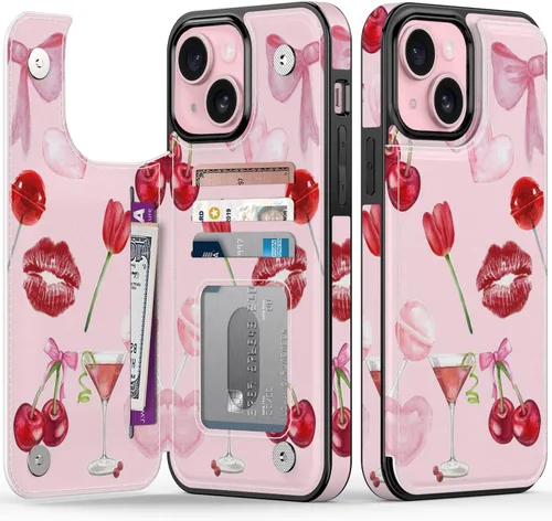 Vista 180 de FUNMIKO Funda tipo cartera para iPhone 15 con tarjetero + clip para efectivo, bloqueo RFID, protección contra caídas de grado militar y obras