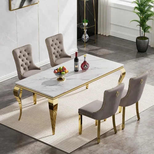 Vista 11 de Juego de mesa de comedor de mármol sintético, 7 piezas, juego de mesa de cocina y comedor para 6, mesa de comedor rectangular blanca de 70 pulgadas