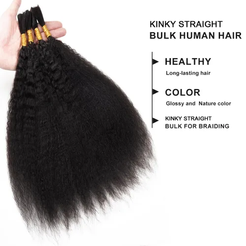 Vista 3 de Cabello humano rizado lacio, trenzado, sin trama, 3.53 oz (1 paquete-4 unidades), cabello humano liso Yaki a granel para trenzas Bohe, cabello micro