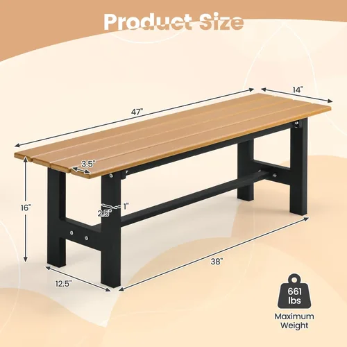 Vista 3 de Tangkula Banco de polietileno de alta densidad de 47 pulgadas para exteriores, banco de comedor de jardín con asiento de listones y marco de metal