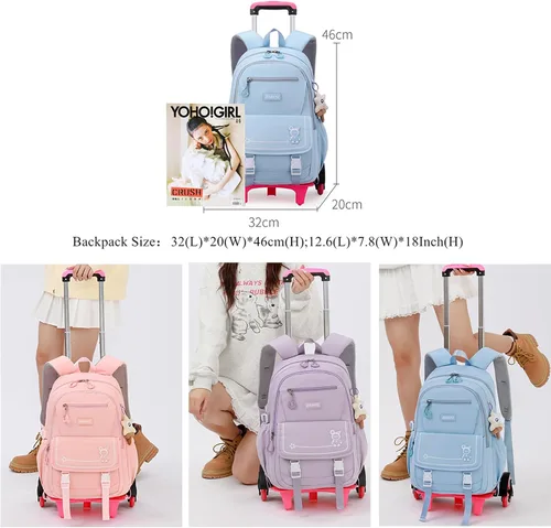 Vista 3 de Mfikaryi Mochila con ruedas para niñas, mochila con ruedas, Púrpura-2 Ruedas
