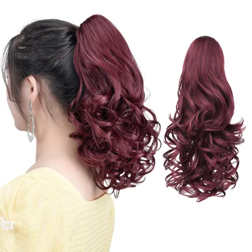 Vista 11 de Cola de caballo con clip, color castaño rojizo, ondulado de 10 pulgadas, extensión de cola de caballo de 3.3 onzas, extensiones de cabello sintético