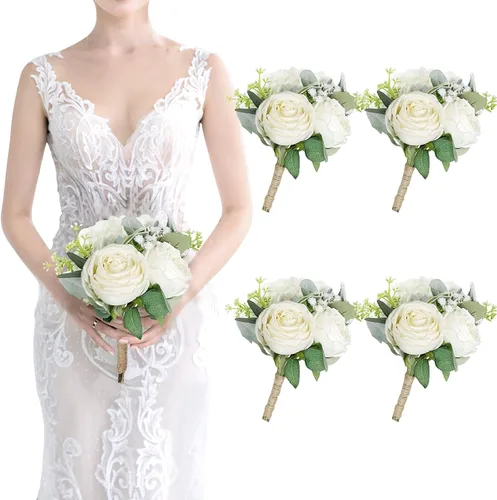 Vista 7 de Ramo de dama de honor artificial para boda, ramo de flores de seda prefabricadas de 7 pulgadas, ramo de flores pequeñas para dama de honor