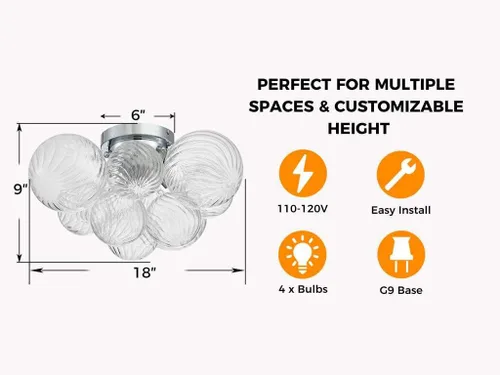 Vista 3 de AGV LIGHTING Moderna lámpara de techo de cristal de burbujas, lámpara de techo cromada de 4 luces con pantallas de globo de vidrio texturizado