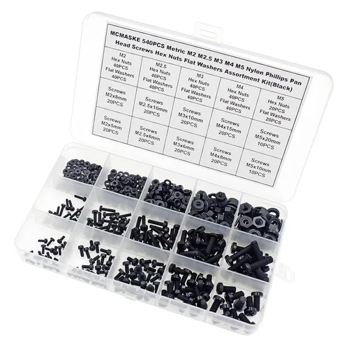 Vista 5 de Juego surtido de 540 tornillos métricos M2 M2.5 M3 M4 M5 de nylon Phillips de cabeza plana, tuercas hexagonales, arandelas planas (negro)