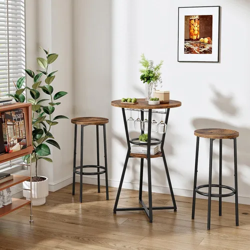 Vista 3 de HOOBRO Mesa redonda de bar, mesa de bar de 2 niveles con soporte para copas de vino, mesa de cóctel industrial, para espacios pequeños, taberna