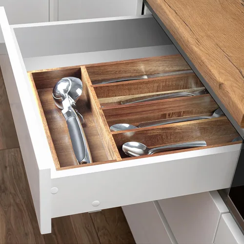 Vista 6 de KITEISCAT Organizador de cubiertos de madera de acacia, organizador de cajones de utensilios de cocina para tenedores, cuchillos y cucharas, bandeja