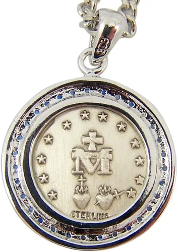 Vista 2 de Plata de ley Ronda medalla milagrosa colgante con vidrio Accent Frontera, 34inch