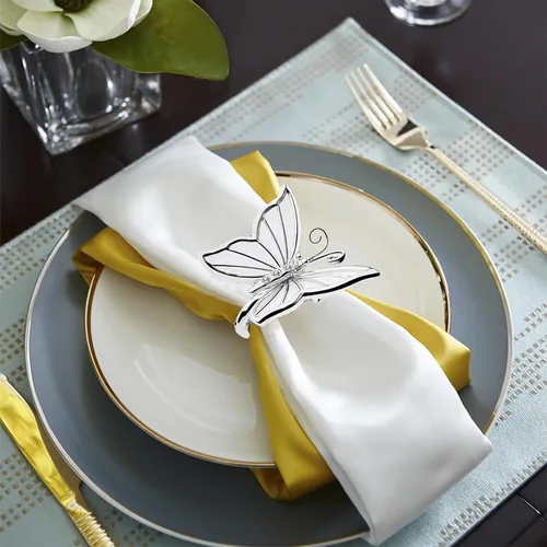 Vista 7 de Servilleteros de mariposa, decoración de mesa para reuniones familiares, bodas, Navidad, restaurante, decoración de fiestas, juego de 4 (plateado)